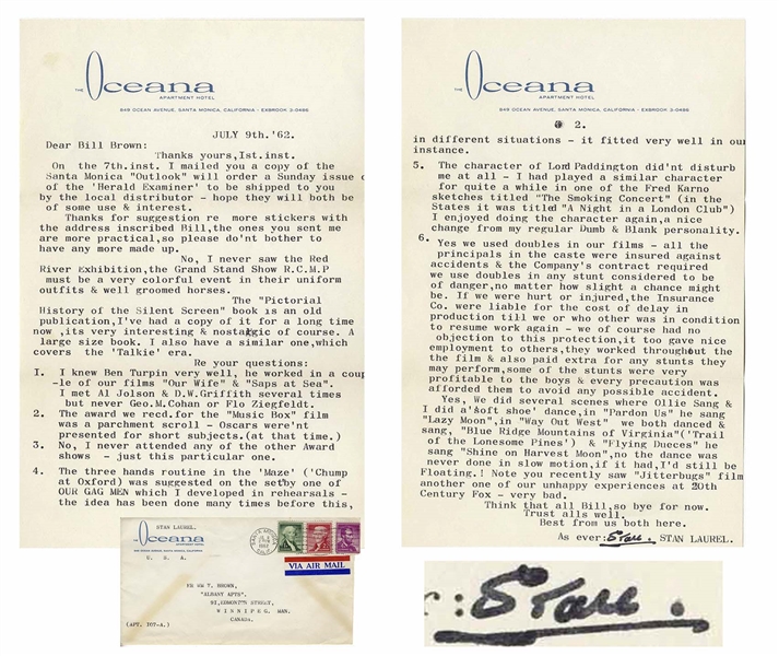 Stan Laurel Letter Signed -- ...The character of Lord Paddington [was] a nice change from my regular Dumb & Blank personality...